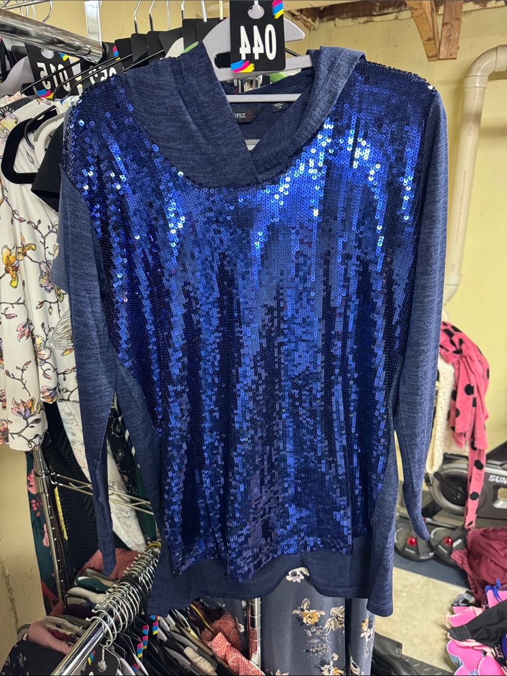 Colleen Lopez Blue Sequin Hooded Pullover